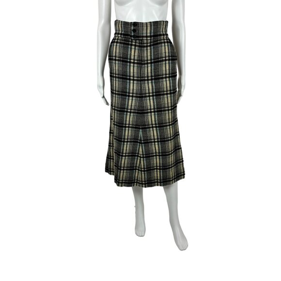 Vintage 70s Plaid Skirt Women's Extra Small Blue Black Straight Wool High Waist - Picture 1 of 10